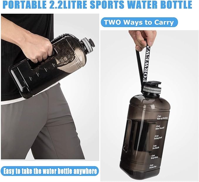 Half Gallon Water Bottle with Handle 2.2L/74OZ Large Plastic Water Bottles BPA Free Water Bottles with Strap Portable with Time Marker for Camping, Hiking and Home Activity