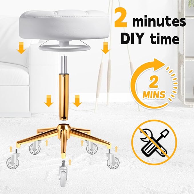 Rolling Stool Heavy Duty 450lbs - Reinforced with Golden Alloy Steel, Super Soft Thick Cushion, 360° Swivel, Smooth Rolling NO Noises, Adjustable Stool with Wheels for Massage Tattoo Spa, (White)