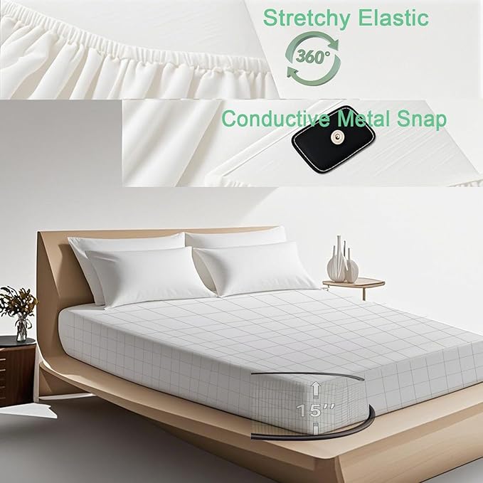 Grounding Sheets Queen Size, 20% Pure Silver Fiber + 80% Organic Cotton, Grounded Sheet Earth Connected Bedding Fitted Earth Sheets with Cord