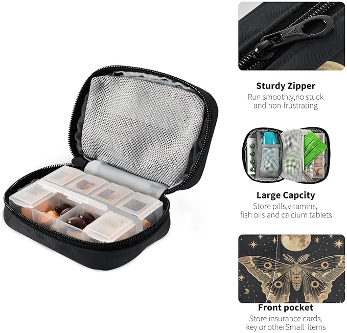 Moth Moon Pill Organizer Travel Bag Compact Twill Pouch with Insert Box & Elastic Slots for Daily Medication Gym & Hotel Use