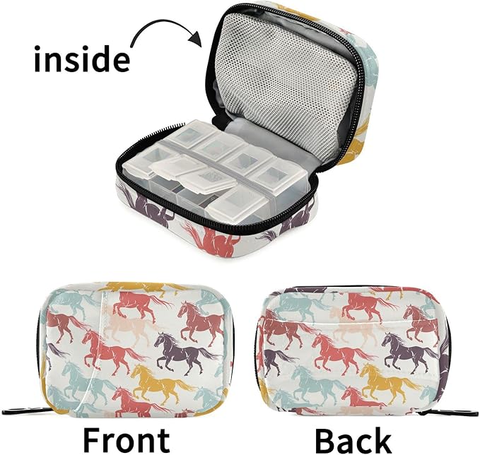 Fustylead Colorful Galloping Horses Silhouette Pill Organizer for Purse, Weekly Portable Pill Box with Zipper to Storage Vitamins Fish Oils Medications Supplements