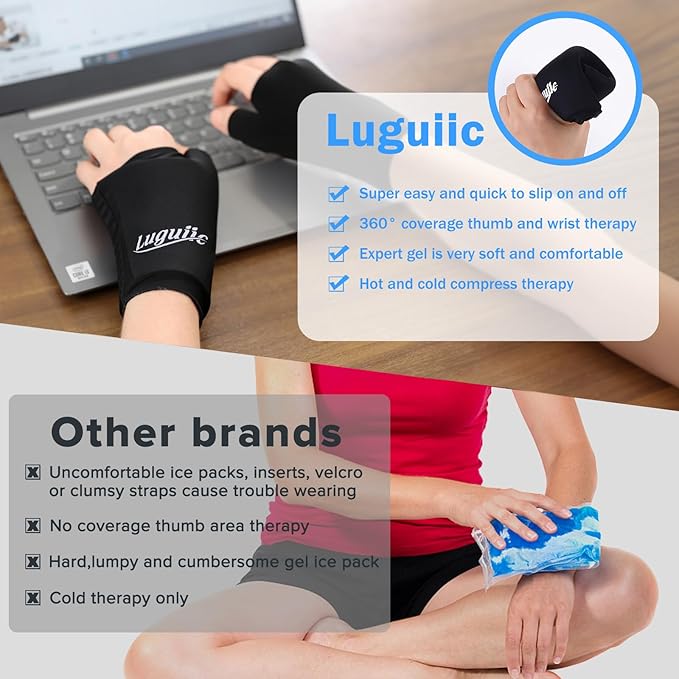 Wearable Thumb Wrist Ice Pack-Hot Cold Compress Hand Finger Ice Pack,Reusable for Injuries,Carpal Tunnel,Arthritis,Tendonitis,De Quervain's Tenosynovitis, Swelling & Bruises L