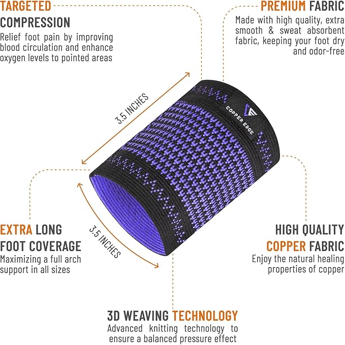 Copper Arch Support for Plantar Fasciitis. 2 Half Socks/Sleeve Compression Brace for Women and Men. Orthotics Feet Pain Aid Fit for Flat/High/Fallen Arches - Purple Arch Support