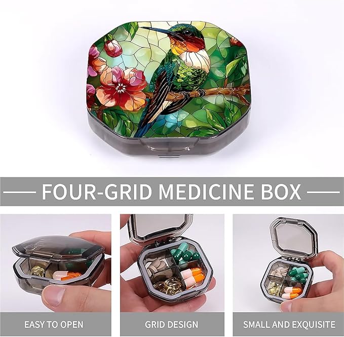This Portable Vintage Stained Glass Hummingbird Pattern 4-Compartment Pillbox Can Be Placed in A Pocket Or Wallet to Store Vitamins, Medicines Fish Oil Health Supplements Other Medications.
