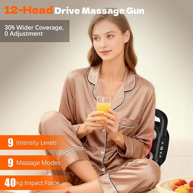 12-Head Massage Gun Deep Tissue, Electric Massager Tool with 9 Levels & 9 Modes, Cordless Back/Neck/Foot/Arm/Body/Leg/Shoulder Massager for Pain Relief, Gifts for Men/Women/Mom/Dad (Black+Black)