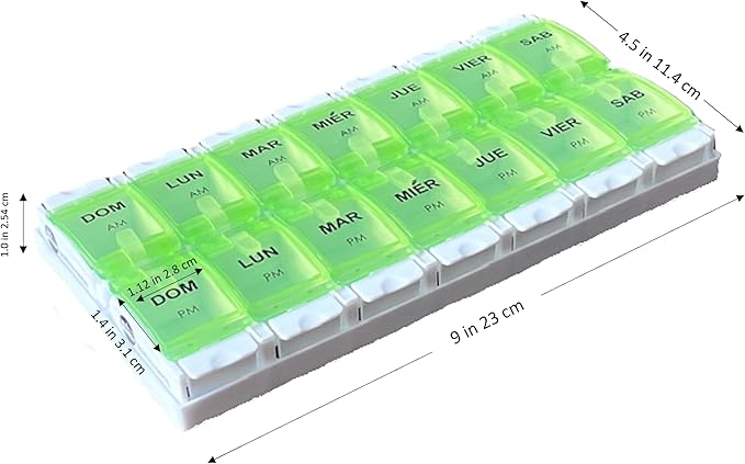 Spanish Pill Box 7 Day Weekly Two Times per Day AM PM (Large) Spanish Pill Box Organizer (Green)