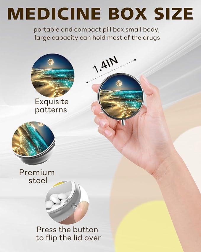 LRITER Pill Case, Portable Travel Pill Box, Pillbox Organizer, Cute Small Medicine Storage Container, Purse Accessories for Women, Men (Moonlight Sea)