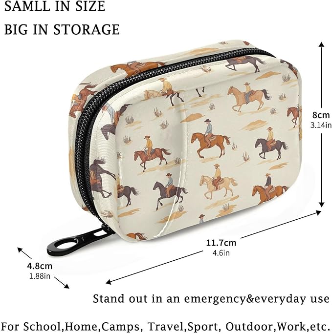 Fustylead Cartoon Cowboy Riding Horse and Cactus Pill Organizer for Purse, Weekly Portable Pill Box with Zipper to Storage Vitamins Fish Oils Medications Supplements
