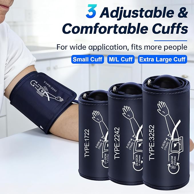 Upper Arm Electronic Blood Pressure Monitor 3 Size Cuffs(S,M/L,XL),Small 7-9",Medium/Large 9-17" and Extra Large Cuff 13-21" Adjustable Blood Pressure Cuff Large LCD Display with Battery & USB Cable