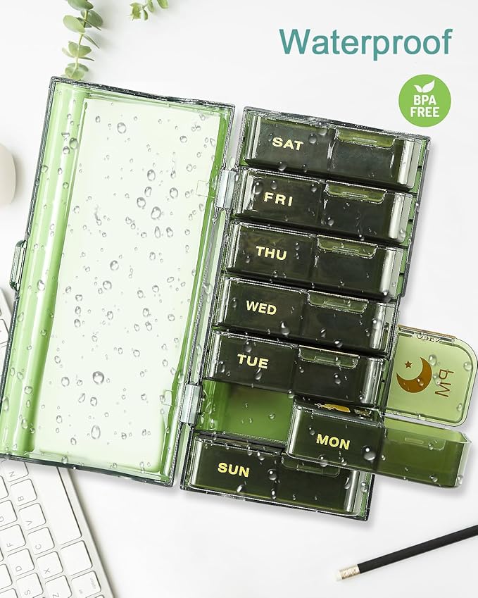 Weekly Pill Organizer 2 Times a Day (AM/PM), Large Capacity 7 Day Medication Organizer, BPA-Free Green Pill Box for Vitamins, Fish Oil & Supplements
