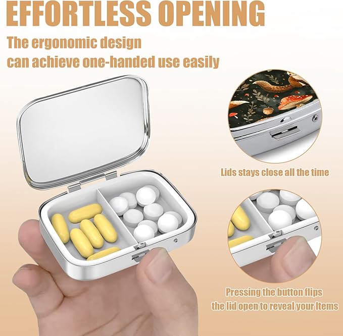 Pill Box-2 Compartment Small Pill Case Square Organizer Case with Mirror Portable Metal Medicine Box Travel Container for Pocket & Purse Women Men（Cute Fox Mushroom）