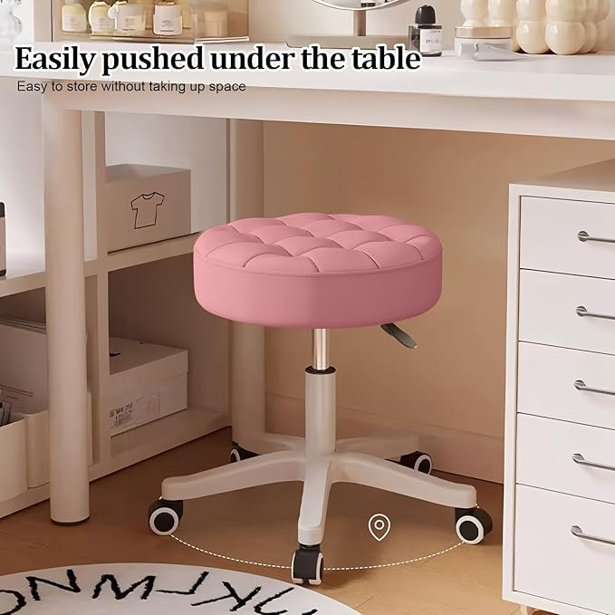 Small Rolling Stool with Wheels, PU Leather Height Adjustable Vanity Work Task Stool, 360 Swivel, Padded Seat Cushion,for Salon, Home, Office