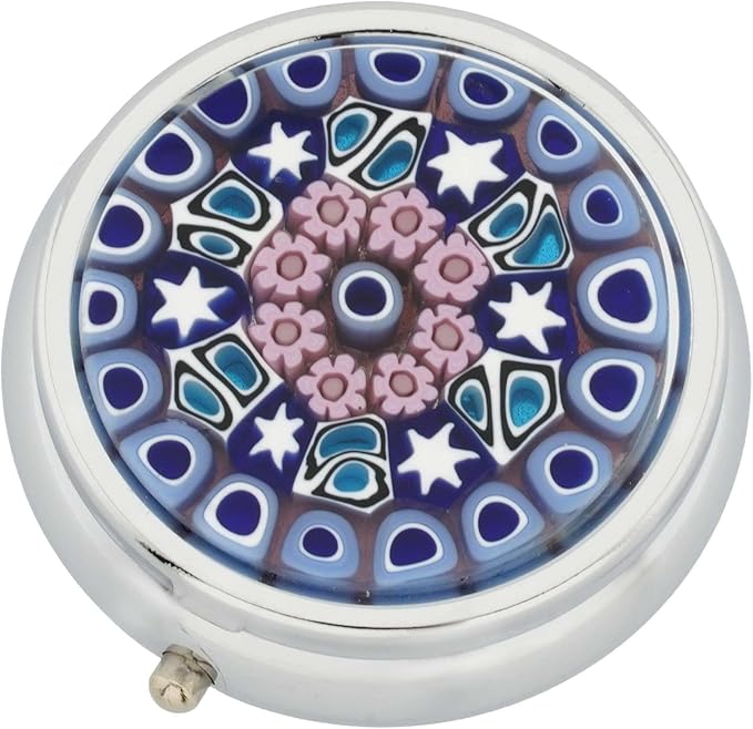 Glass Of Venice Murano Millefiori Pill Box - Silver Round