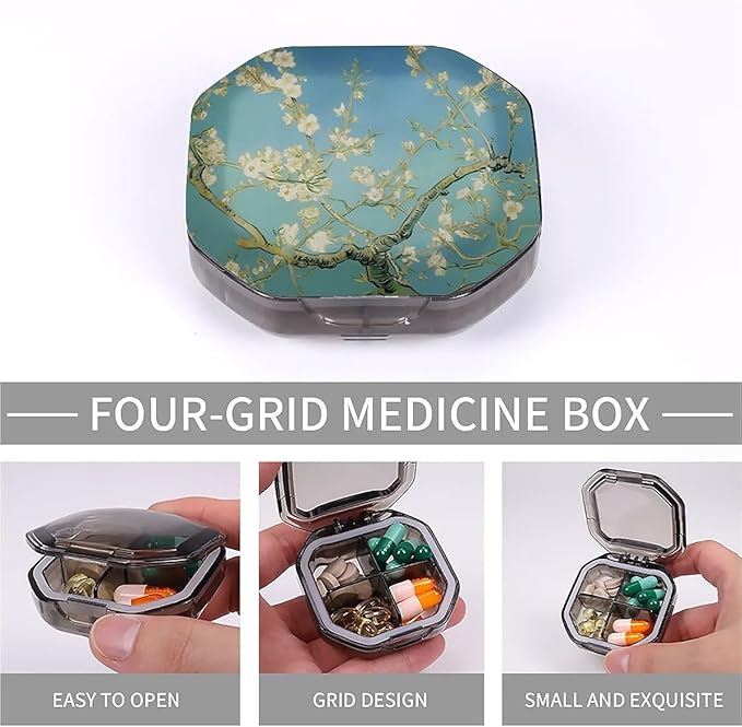 This Portable Almond Blossoms Pattern 4 Compartment Pill Box Can Be Placed in A Pocket Or Wallet to Store Vitamins, Medicines Health Supplements Other Medications.