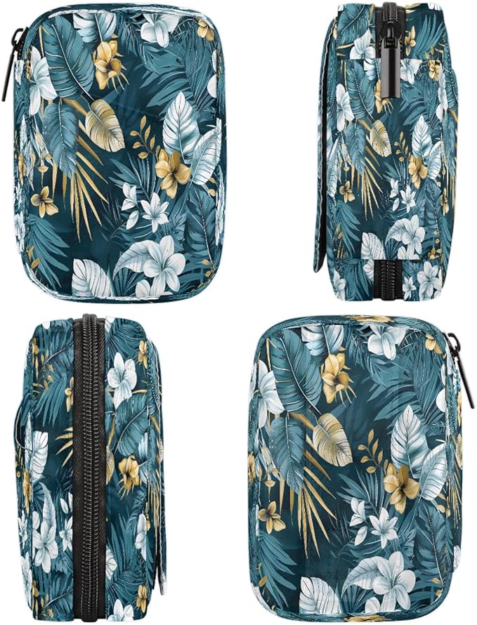 Tropical Floral Leaves Flower Travel Pill Organizer Box Weekly Portable Pill Case Daily Pills 7 Day Small Birth Control Pills Container Removable Compartments for Medicine Vitamins Fish Oil