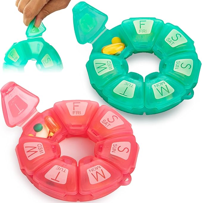 Round Weekly Pill Organizer, Soft-Touch Silicone, Travel Pill Container 7 Day, with 7 Large Compartments, Cute Pill Case with Large Letters and Braille (2 pcs Green Rose)