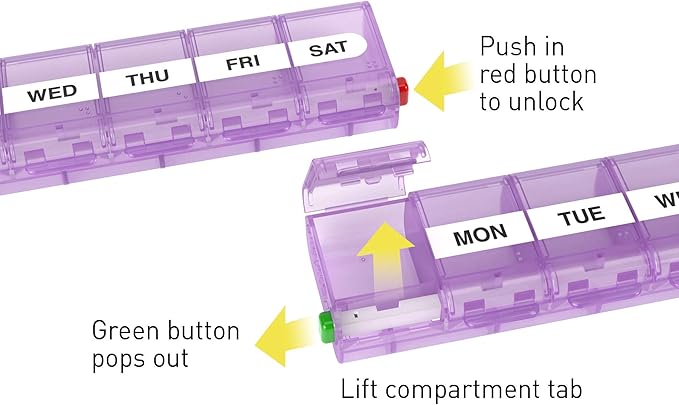 EZY DOSE Weekly (7-Day) Pill Case, Medicine Planner, Vitamin Organizer Box, X-Large Locking Compartments to Secure Prescription Medication and Prevent Accidental Spilling, Color May Vary