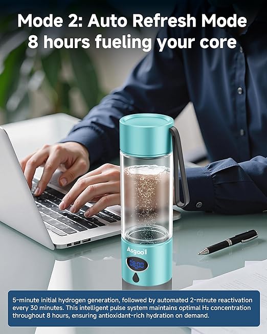Hydrogen Water Bottle - 5000 PPB in 8 Minutes, Cyclic Mode for 8 Hours, Self Clean, Aluminum & Glass, for Travel Sports Office Home, Gift for Father Mom Family Friends Clients(CyanBlue, 12Oz)