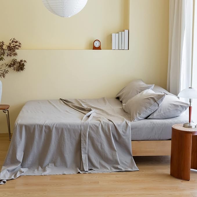 Simple&Opulence Belgian Linen Sheet Set Solid Color - 6 Pieces (1 Flat Sheet & 1 Fitted Sheet & 4 Pillowcases) 16" Deep Pocket Natural Flax Cotton Blended Soft Bedding - Grey, King Size