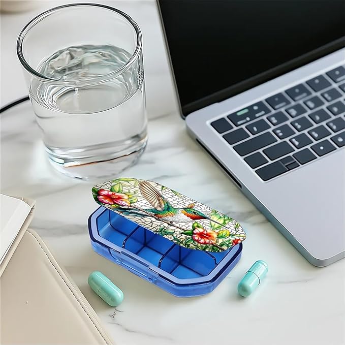 This Portable Flower Hummingbird Pattern 6 Compartment Pill Box Compartmentalized Pill Box Can Be Placed in A Pocket Or Wallet to Store Vitamins, Medicines Health Supplements Other Medications.
