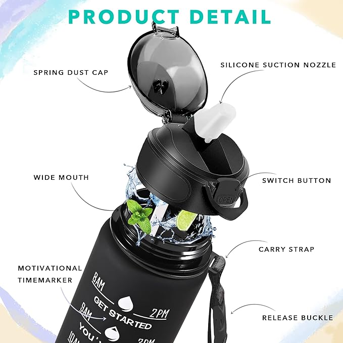 Enerbone 32 oz Drinking Water Bottle with Times to Drink and Straw, Motivational with Carrying Strap, Leakproof BPA & Toxic Free, Ensure You Drink Enough Water for Fitness Gym Outdoor