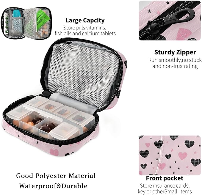 Fustylead Cute Pink and Black Heart with Grid Design Travel Pill Organizer Bag with Zipper Small Pill Box 7 Day Pill Case for Purse Storage Weekly Vitamin Medicine Supplement