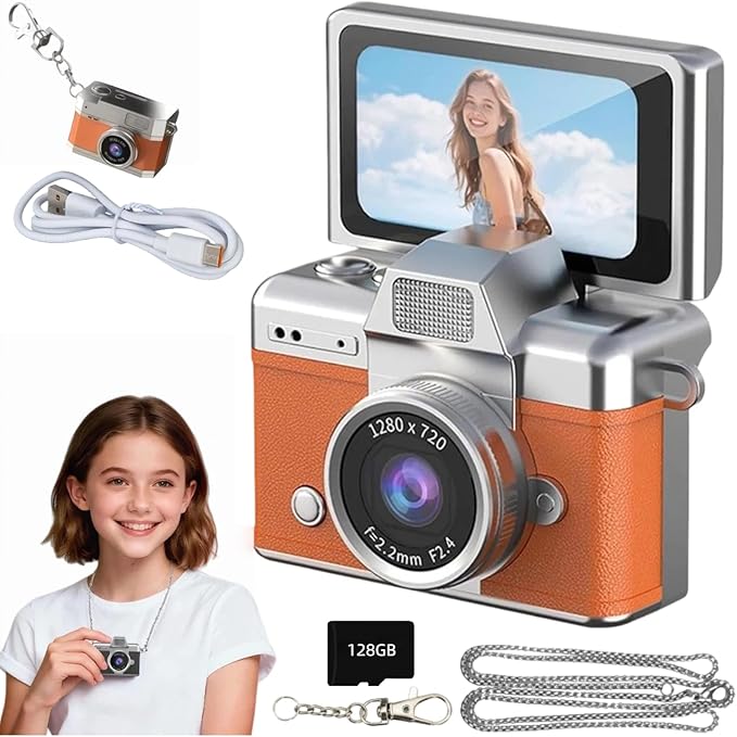 Mini Digital Camera Keychain Retro Mini Digital Video Camera Small 1080P FHD Recording with 0.96" IPS Screen with 6 Retro Filters AVI Format-Ideal for Phone Transfer (128GB, Orange)