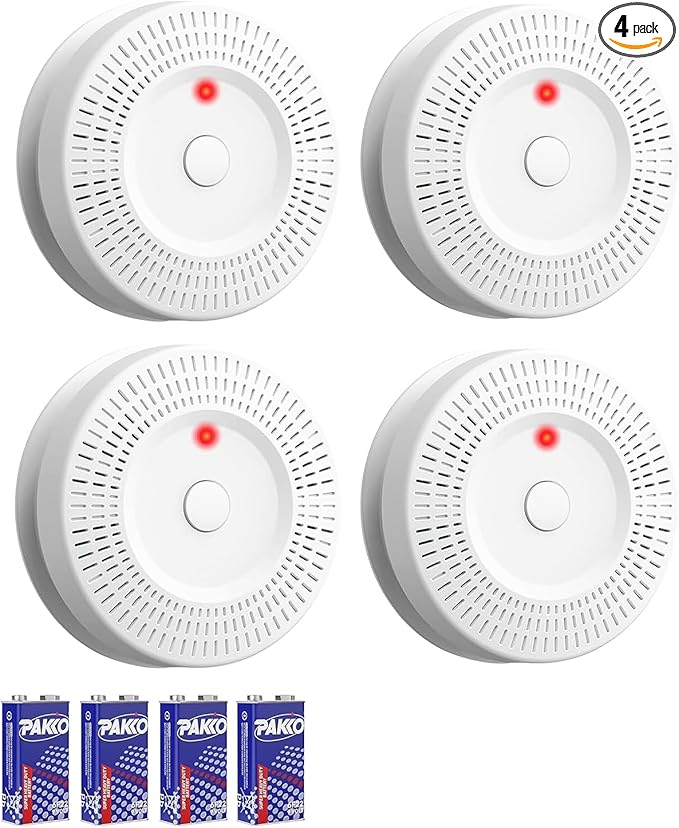 Smoke Detector, ‎Lecoolife, ‎9V Battery Operated Smoke Alarm with LED Indicator, Silence Button, Battery Powered, White, 4 Pack