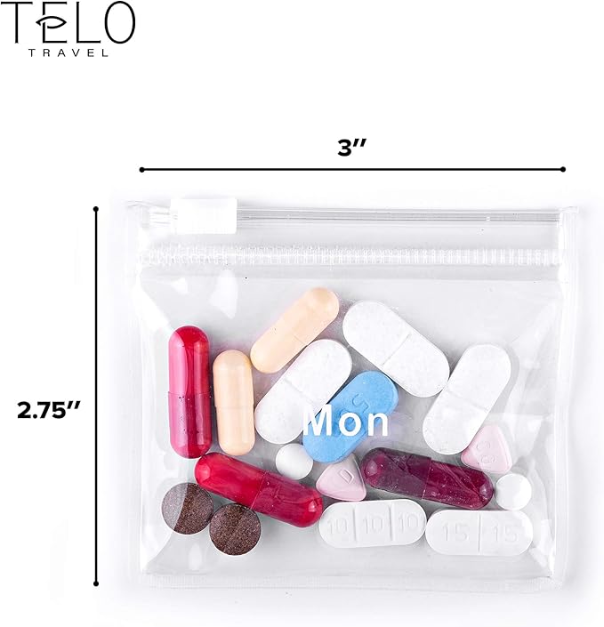 AM/PM Bi-Folding Pill Organizer + Supplement Case for OTC Medicine, Prescription + Vitamins - 14 Labeled Monday-Sunday Slide Lock Pouches, Grey Travel Pill Case