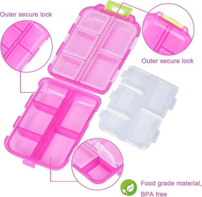 Large Travel Pill Organizer with Medicine Labels, 10 Compartments Travel Pill Box Medicine Organizer Purse Pill Case Daily Pill Container (Pink, 189 Lables)