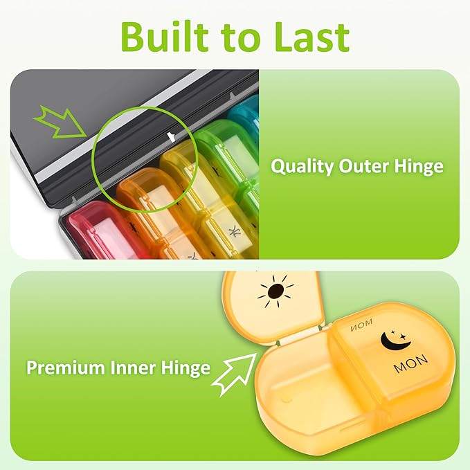 Fullicon Large Pill Organizer 2 Times a Day, Easy to Use AM PM 7 Day Pill Box, Secure Weekly Daily Pill Case, Durable Pill Container Travel, Portable Travel Medication Holder (Black Rainbow)