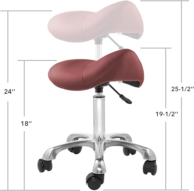 Saloniture Professional Ergonomic Saddle Stool, Burgundy - Adjustable Hydraulic Seat, Rolling Spa Salon, Massage, and Medical Office Chair with Swivel Wheels