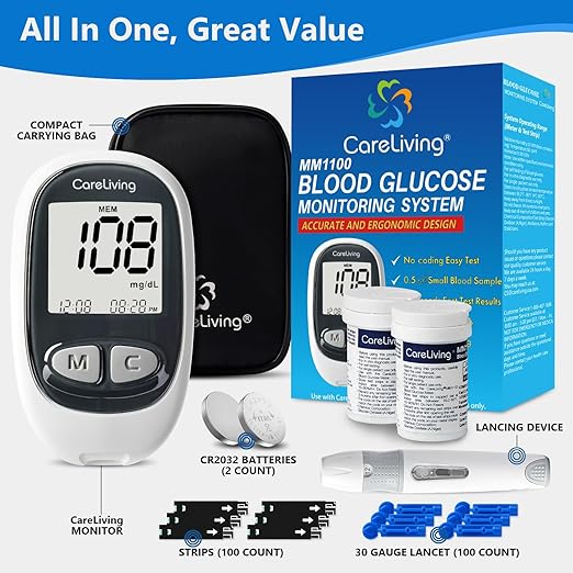 MM1100 Blood Glucose Monitor Kit with 100 Test Strips, 100 Lancets, 1 Blood Glucose Meter, 1 Lancing Device, Diabetes Testing Kit, Portable Blood Sugar Test Kit, Glucometer Kit for Home