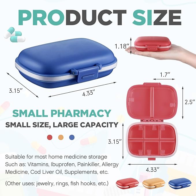 Layhit 30 Pcs Travel Pill Organizer Bulk with Labels Portable Daily Pill Dispenser 8 Compartments Medicine Storage Case for Vitamins, Fish Oils, Supplements (Yellow,Watermelon Red,Dark Blue)