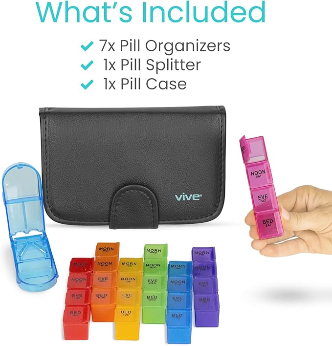 Vive Weekly Pill Organizer 4 Times a Day - 7 Days Pill Boxes for Morning, Noon, Evening, Night - Extra Large Medicine, Vitamin & Supplement Dispenser with Premium Leather Case and Splitter Cutter