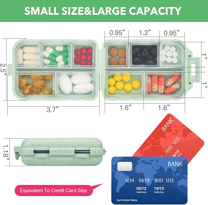 Travel Pill Organizer with Medicine Labels, 10 Compartments Travel Medicine Organizer Daily Small Pill Container Travel Pill Box Purse Pill Case (Green, 189 Lables)
