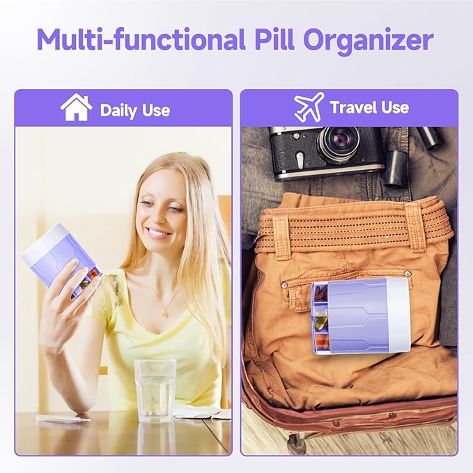 Daviky Pill Bottle Organizer, Supplement Organizer with 7 Large Compartments, Travel Pill Dispenser Round Pill Box with Two Lids（Purple）