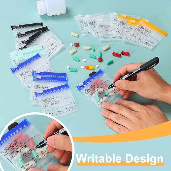 Serfeymi 32 Pcs Pill Pouch Bags for Travel Reusable Plastic Bags 3 x 3 Inches 12 mil (Double Sided) Translucent Zippered Pill Pouches for Medicine with Slide Lock & Writable Label，1 Pc Marker - Yellow