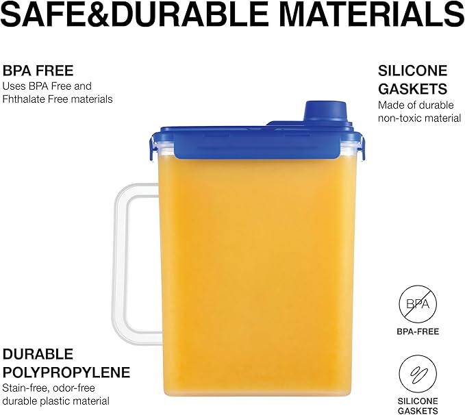 LocknLock Aqua Fridge Door Water Jug with Handle BPA Free Plastic Pitcher with Screw Top Lid Perfect for Making Teas and Juices, 1 Gallon, Blue (Pack of 2)