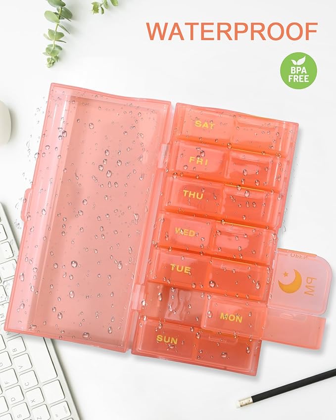 Weekly Medicine Pill Organizer 2X a Day, 7 Day 2 Times a Day Travel Pill Case for Purse, Cute Pill Box for Vitamins, Fish Oils, Supplements (Pink)