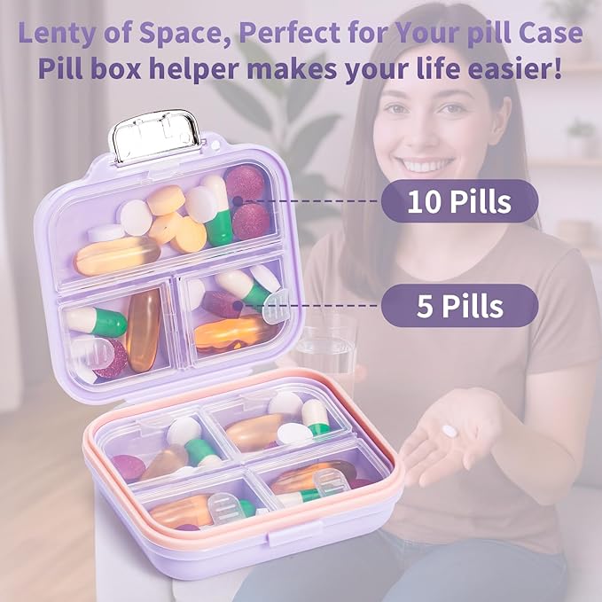 Daviky Travel Pill Organizer,Small 7-Compartment Pill Box for Vitamins & Medications, Compact Medicine Case for Pocket or Purse(Purple)