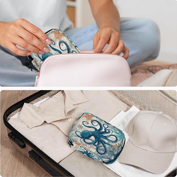 Octopus Ocean Vintage Pill Case Travel Pill Organizer Weekly 7 Day Portable with Zipper Medicine Box Pill Case for Vitamins, Birth Control,Fish Oils,Medication, Supplements