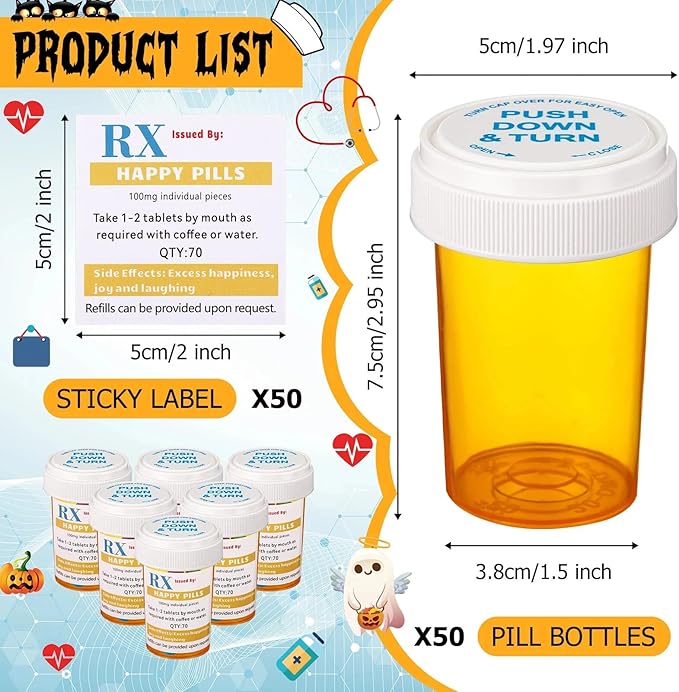 50 Set Nursing Halloween Party Supplies 50 Empty Pill Bottles with Caps Plastic Medicine Containers with 50 Sticky Label Pill Vial for Nurse Party Favors Serve (20 Dram)