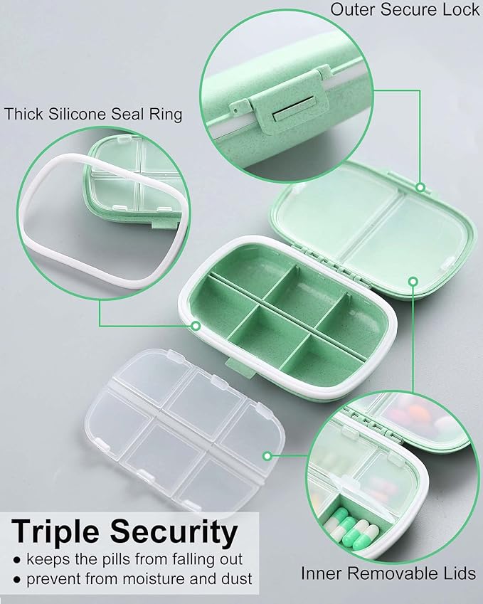 8 Compartments Travel Pill Organizer, Daily Pill Case Small Pill Box for Pocket Purse, Portable Pill Container Medicine Vitamin Organizer (Cyan & Khaki)