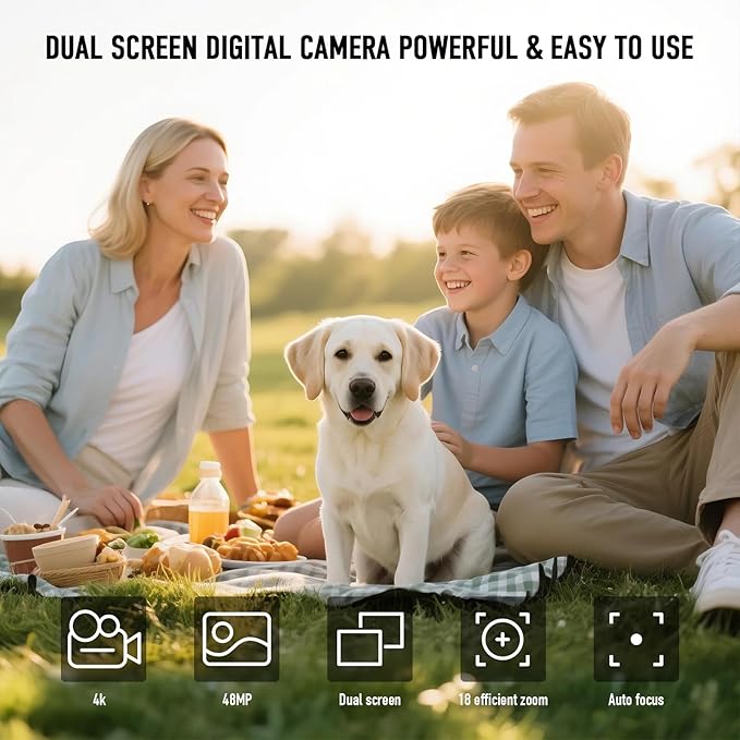 Digital Camera, 4K 48MP Autofocus Dual Screen for Selfies, 18X Zoom Fill Light, Portable Point and Shoot Travel Camera with 32GB SD Card for Kids, Teens, Girls, Boys- Pink