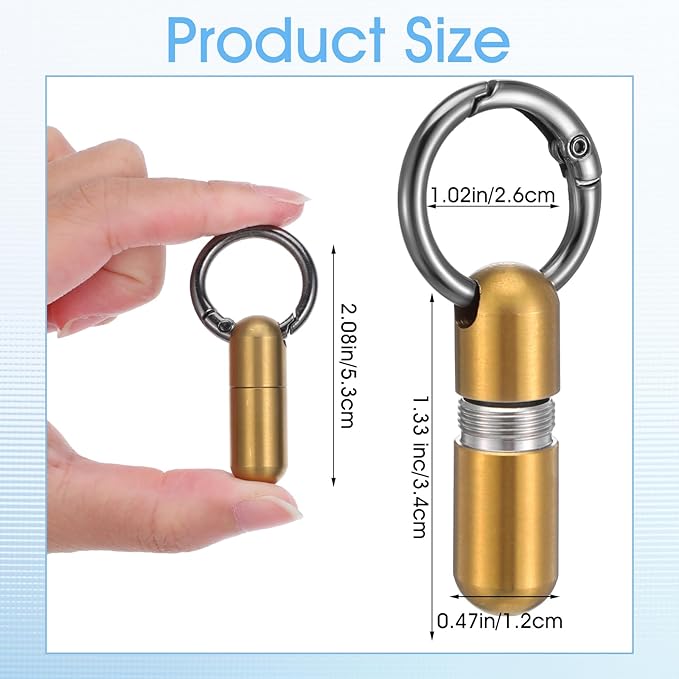 Small Pill Case Keychain Tiny Portable Carabiner Clip Pill Holder Bottle Micro Waterproof Metal Pill Container Mini Emergency Medicine Organizer for Outdoor Camping Travel Purse (Gold)