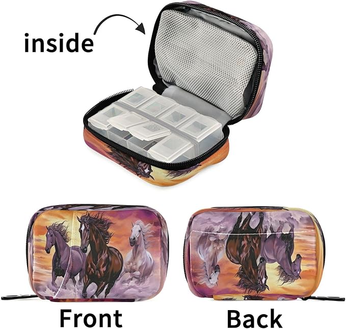 STAYTOP Pill Cases Bag Weekly 7 Day,School Travel Pill Organizer Pill Bottles with 8 Small Pill Boxes for Pills/Vitamin/Fish Oil/Supplements-Running Horse