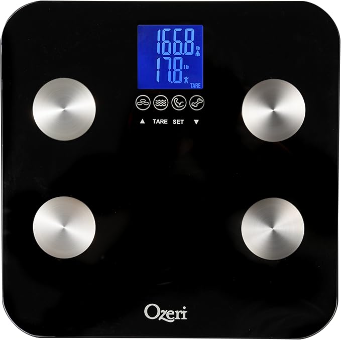 Ozeri Touch 440 lbs Total Body Weight Scale (Body Fat, Muscle, Bone, Weight & Hydration), Auto Recognition Bath Scale with Infant Tare