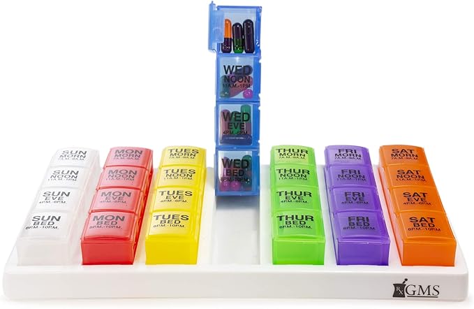 GMS 7 Day Pill Organizer Tray - Large with Removable Daily Pill Boxes with 4 Compartments Each for Storing and Organizing Prescriptions and Other Meds - Rainbow