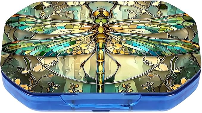 This Portable Vintage Stained Glass Dragonfly Pattern 6-Compartment Pillbox Can Be Placed in A Pocket Or Wallet to Store Vitamins, Medicines Fish Oil Health Supplements Other Medications.